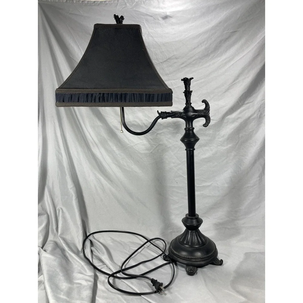 Vintage Bridge Arm Victorian Side Table Night Stand Lamp With Square Black Shade